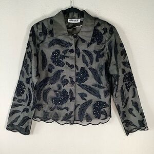 Beaded Silk Blazer M Whimsigoth Embroidery Evening Jacket Fairy Grunge Black 90s